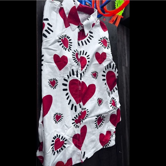 Boho Heart Print Button Down Up Shirt Top Blouse - Picture 8 of 11